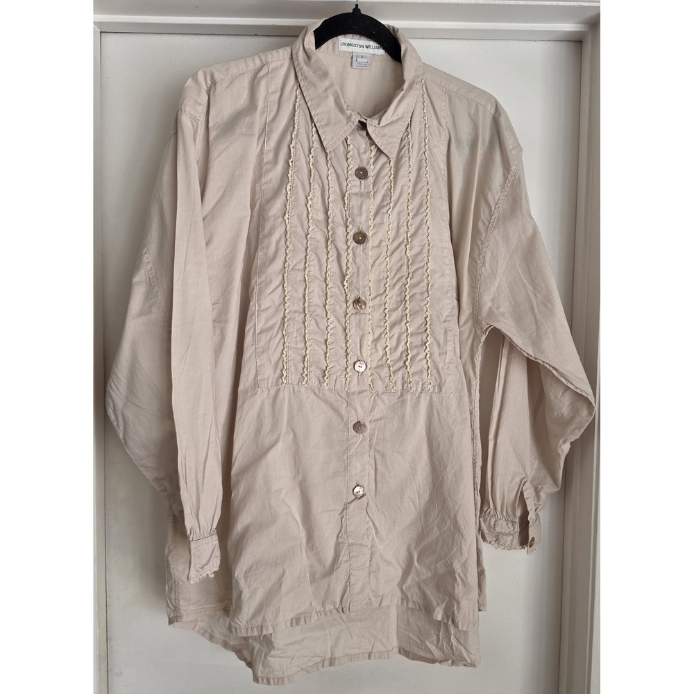 Livingston Williams Blouse Size 2 Collared Long Sleeve Beige Cotton Top Shirt